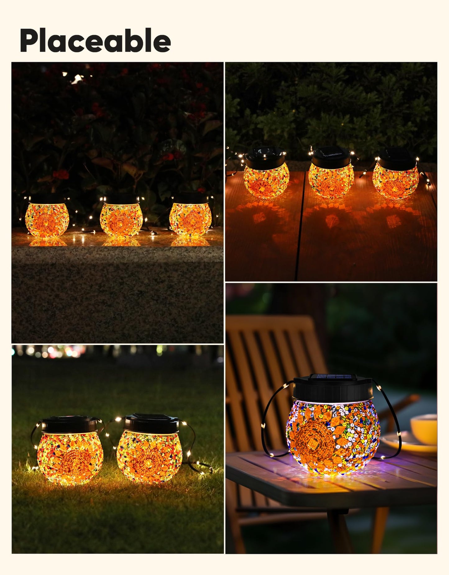 Mosaic Solar Lights Outdoor 6 Pack, Solar Hanging Lanterns Christmas Halloween Gifts for Women Mom Grandma, Waterproof Glass Globe Lights, Garden Patio Decor for Yard, Tree, Balcony, Warm