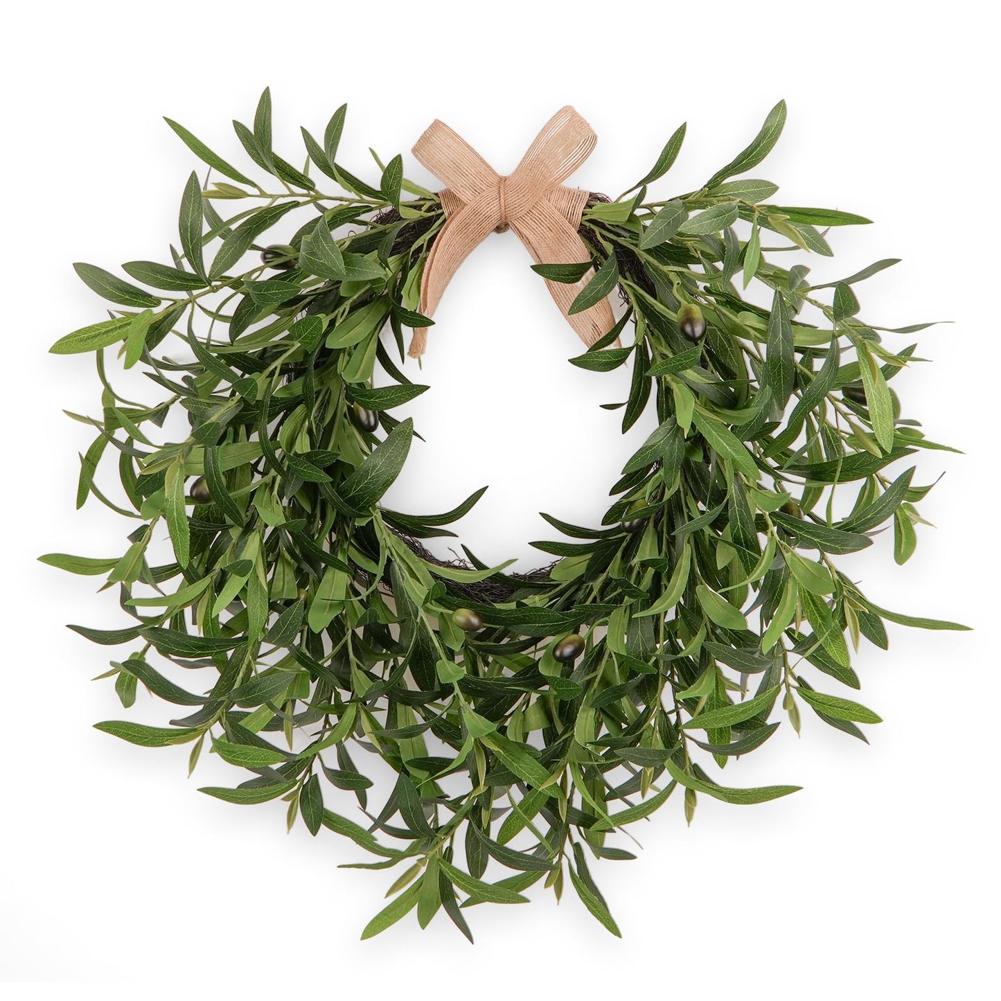 Artificial Olive Wreath for Front Door - 22 Inch Faux Greenery Wreath with Burlap Bow & Olives - Modern Farmhouse Wall Decor, Year Round Spring Summer Wreath for Indoor Outdoor Wedding Entryway