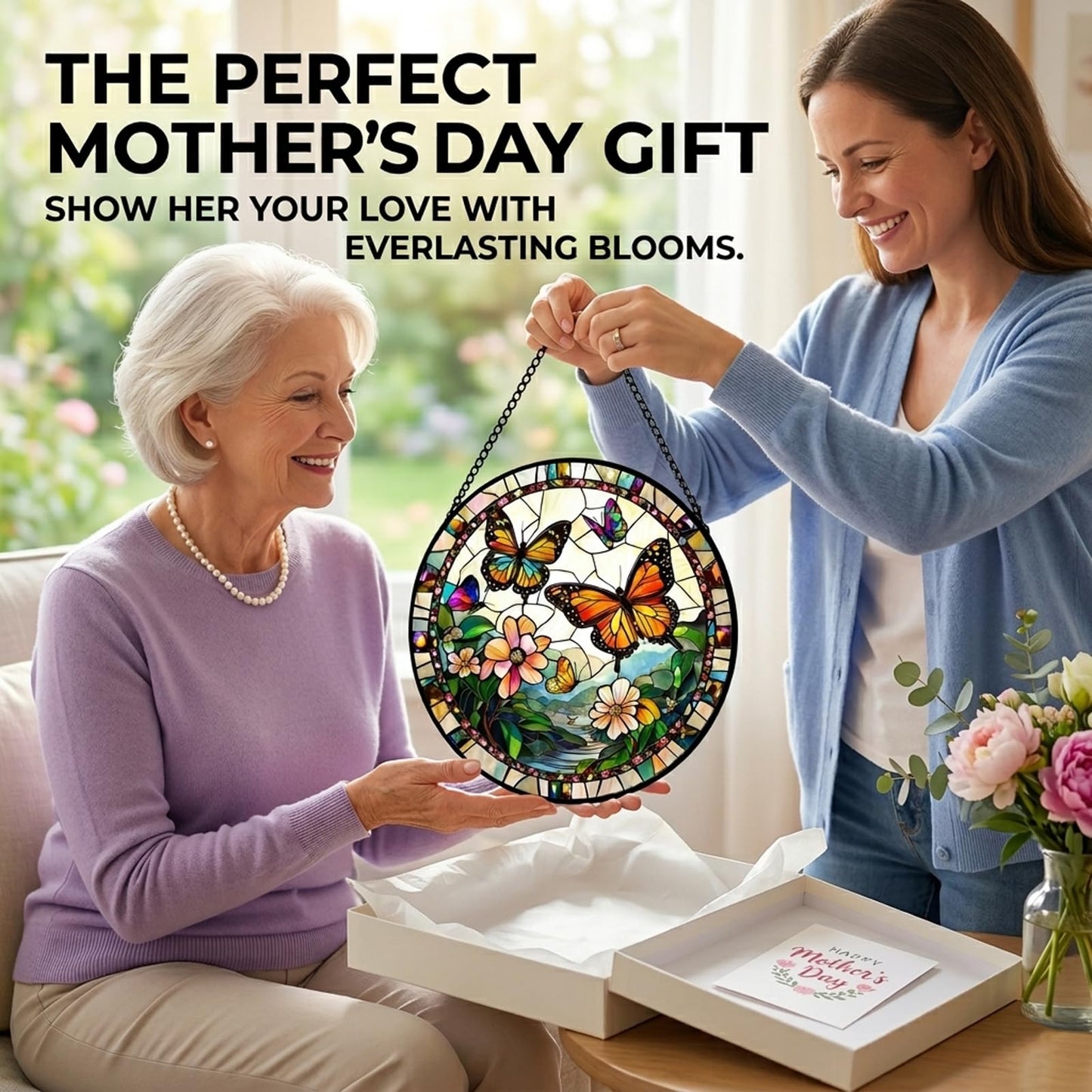 Butterfly Gifts for Mom - Flower Landscape Faux Stained Glass Window Hanging Sun Catcher for Door Garden Acrylic Decor Mother's Day for Women Nana Grandma Sisters Wife Mother 7.8"