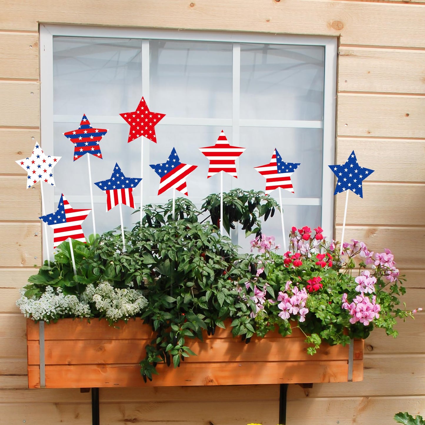 JarThenaAMCS 9Pcs Patriotic Star Metal Planter Stakes 4th of July Decorative Garden Stakes Star and Stripes Yard Sign for 250th Anniversary Planter Pot Walkway Lawn Independence Day Decor