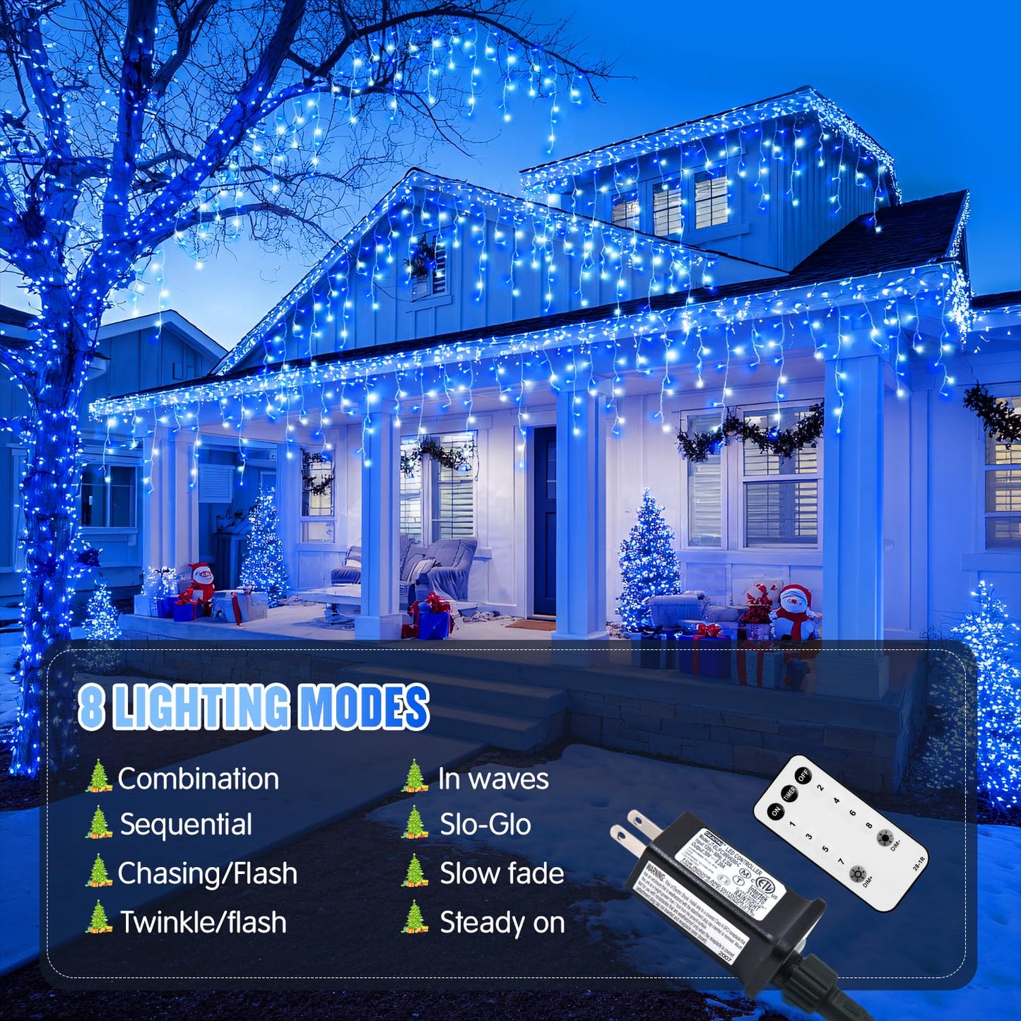 JMEXSUSS Blue&White Icicle Lights - 38.8FT 400 LED Icicle String Lights with Remote for Indoor/Outdoor, House, Bedroom, Fireplace, Birthday, Christmas Decorations