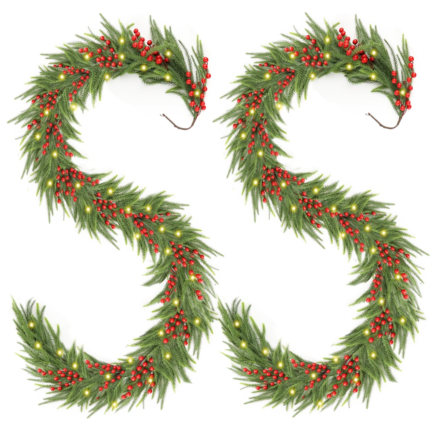 Christmas Norfolk Pine Garland 2PCS 9FT,Real Touch Faux Winter Greenery Garland with Light for Stairs Table Fireplace Backdrop Wall,Christmas Holiday Seasonal Winter Decor