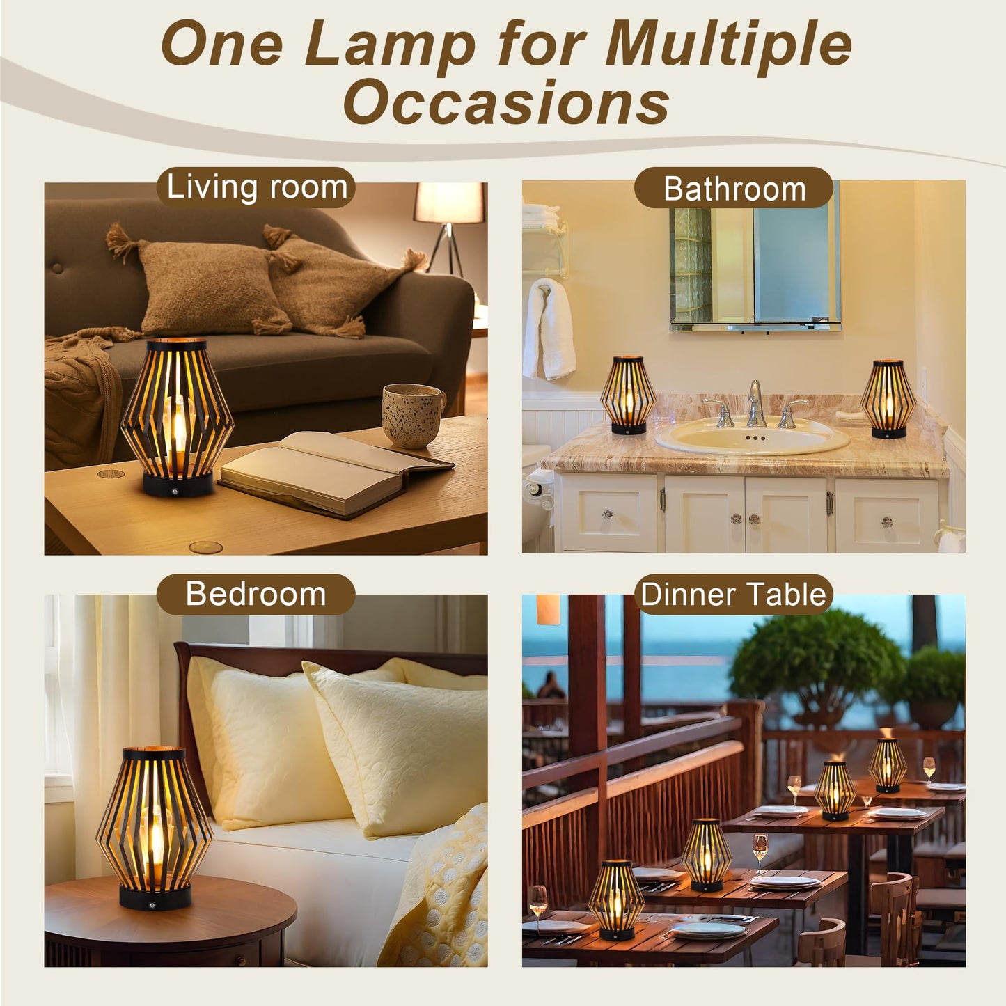 JHY DESIGN Dimmable Touch Bedside Table Lamp 8.5''H Rechargeable Metal Cage Lantern with LED Edison Style Bulb Cordless Accent Lamp for Weddings Parties Patio Events for Indoors Outdoors