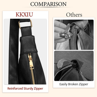 KKXIU Slouchy Hobo Bags for Women - Ultra Soft Foldable Shoulder Handbag Vegan Leather Tote Purse with Reinforced Zipper (Black)