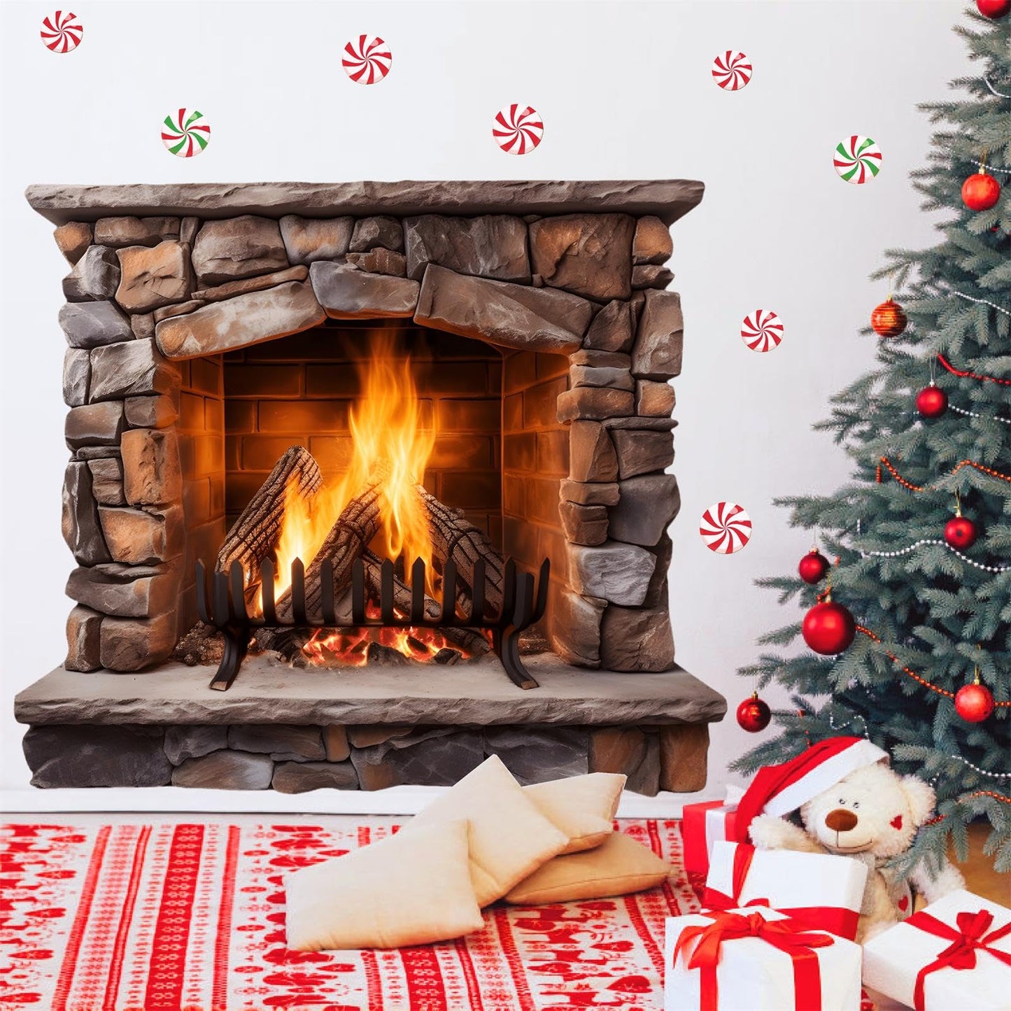 Large Christmas Wall Decals Christmas Wall Decoration Vinyl Sticker Peel and Stick Indoor Xmas Fireplace Decal for Walls Removable Peppermints Xmas Art Murals for Living Room Holiday Xmas Party Supply