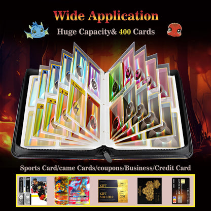 Trading Card Binder 400 Cards, 50 Removable 4-Pocket Pages, Zippered PU Leather for MTG/Sports/TCG, 3-Ring Expandable, Bold Fire Cover (Enhanced Durability Edition)