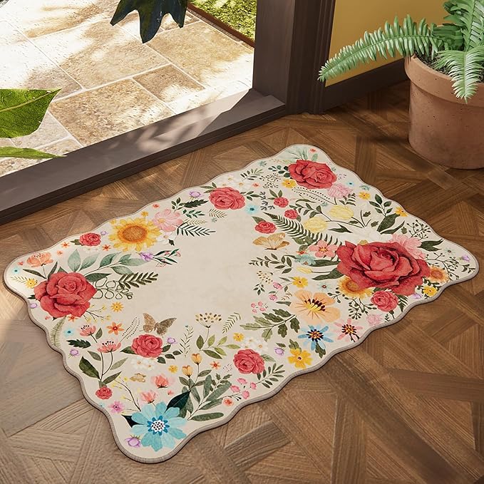 Washable Entryway Small Area Rugs: Door Mat Indoor Entrance 2x3 Floral Rug Ultra Thin Stain Resistant Non Slip Low Pile Lightweight Carpet for Kitchen, Front Door, Small Spaces Decor (Beige)