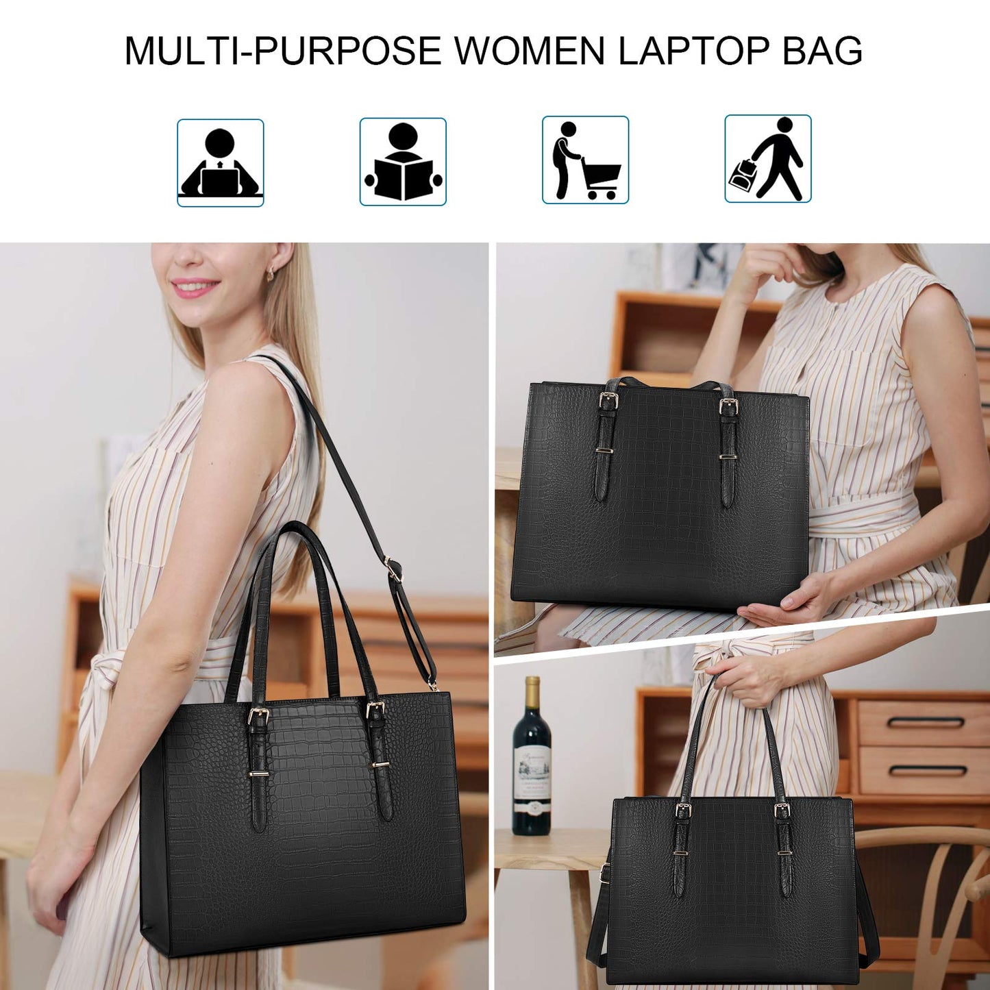Laptop Bag for Women 15.6 Inch Crocodile Leather Tote Bag Water-resistant Work Briefcase Business Computer Shoulder Bag for Travel Teacher Nurse Professional Handbag,Black