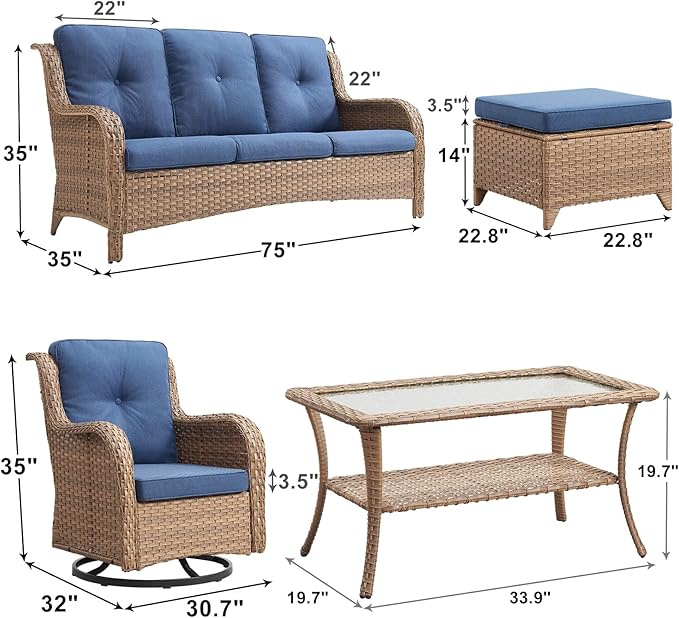 Patio Furniture Swivel Chairs Set - 8 Piece Wicker Rattan Outdoor Sectional Conversation Sets with 4 Swivel Rocking Chairs,2 Ottomans,1 Sofa and 1 Coffee Table for Porch Deck Garden(Yellow/Blue)