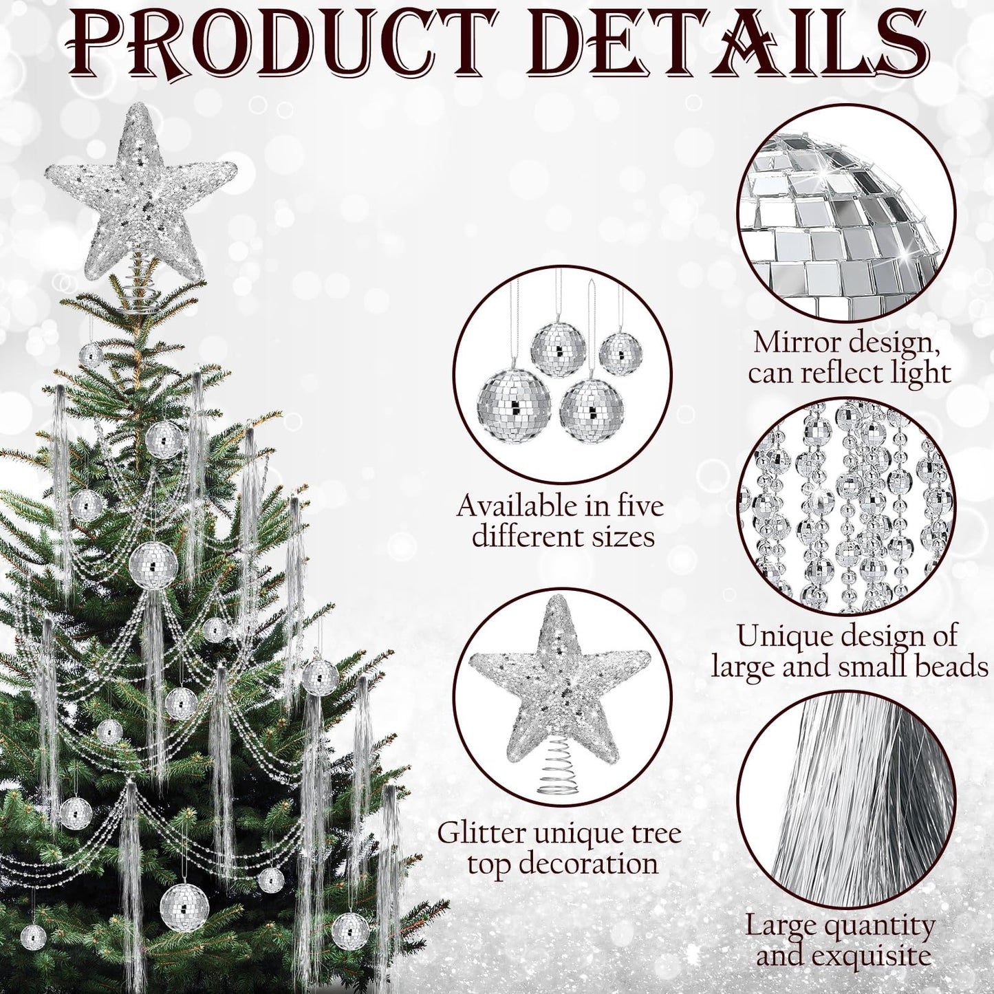 Thyle 10022 Pcs Disco Christmas Decor 20 Mirror Disco Balls 10000 Silver Tinsel Icicle Strands Glittered Star Tree Topper Ornaments 10 Meter Beaded for Christmas Party Supplies