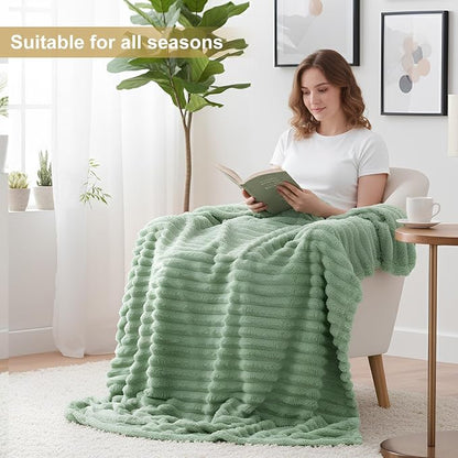 decorUhome Soft Fleece Sage Green Blanket King Size for Bed, Cozy Fluffy Plush Flannel Large Striped Throws for Couch Sofa, Lightweight Decorative Fuzzy Blanket for Woman, 108x90 Inches