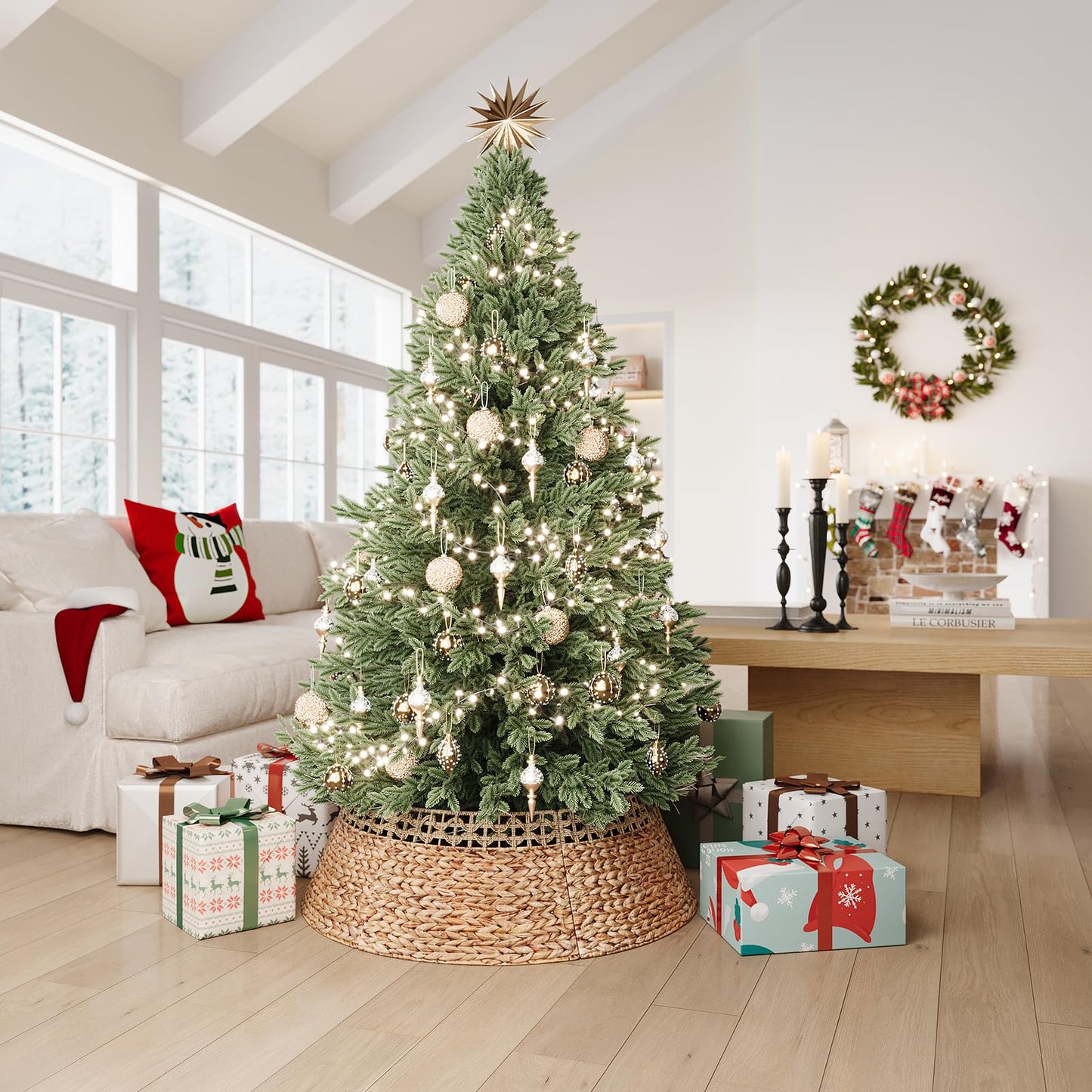 ELYKEN 33 Inch Woven Rattan Christmas Tree Collar, Stylish Seagrass & Water Hyacinth Xmas Tree Skirt for Artificial Trees, Wicker Tree Base Cover with Cord Cut-Out Farmhouse Tree Ring for Home Decor