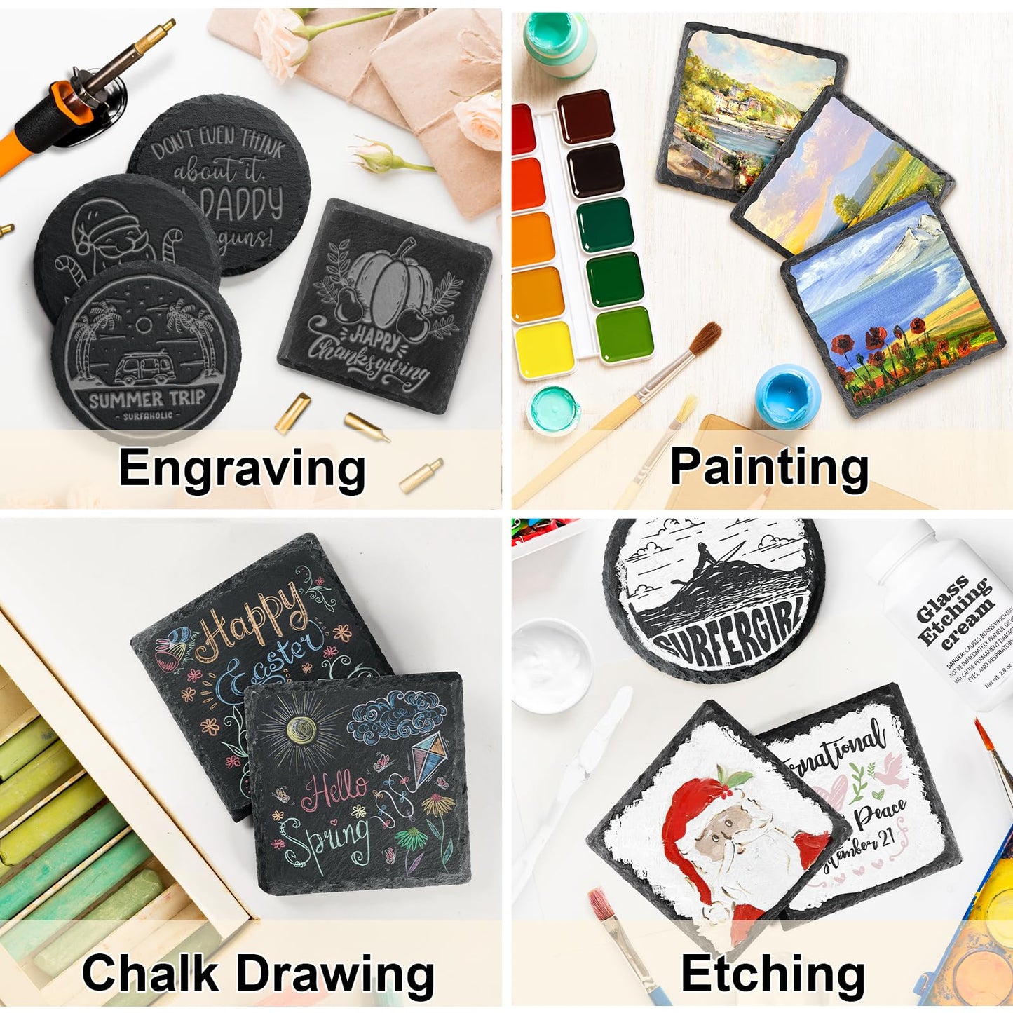 MAPRIAL Slate Drink Coasters with Holder, 4 Inch 12 Pieces Square Rustic Coasters Black Stone Coaster Set with Anti-Scratch Backing for Laser Engraving, Home Decor, Kitchen, Protect Table, Gifts