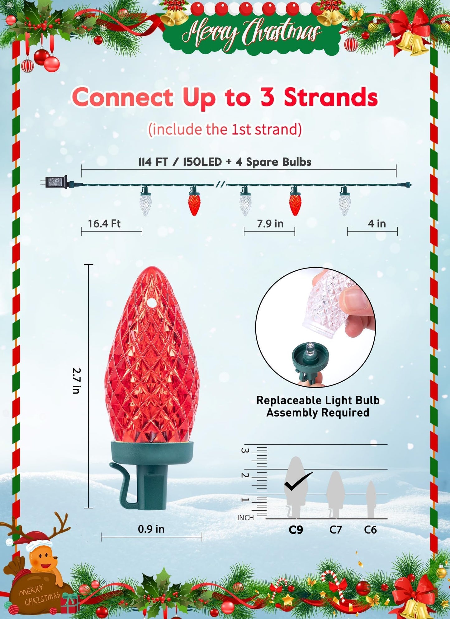 C9 Christmas Lights Outdoor Waterproof, 114 Feet 150 LED C9 String Light with Timer & 8 Light Mode, Connectable Christmas Tree Lights for House Outside Roofline Indoor Decoration, Red & Pure White
