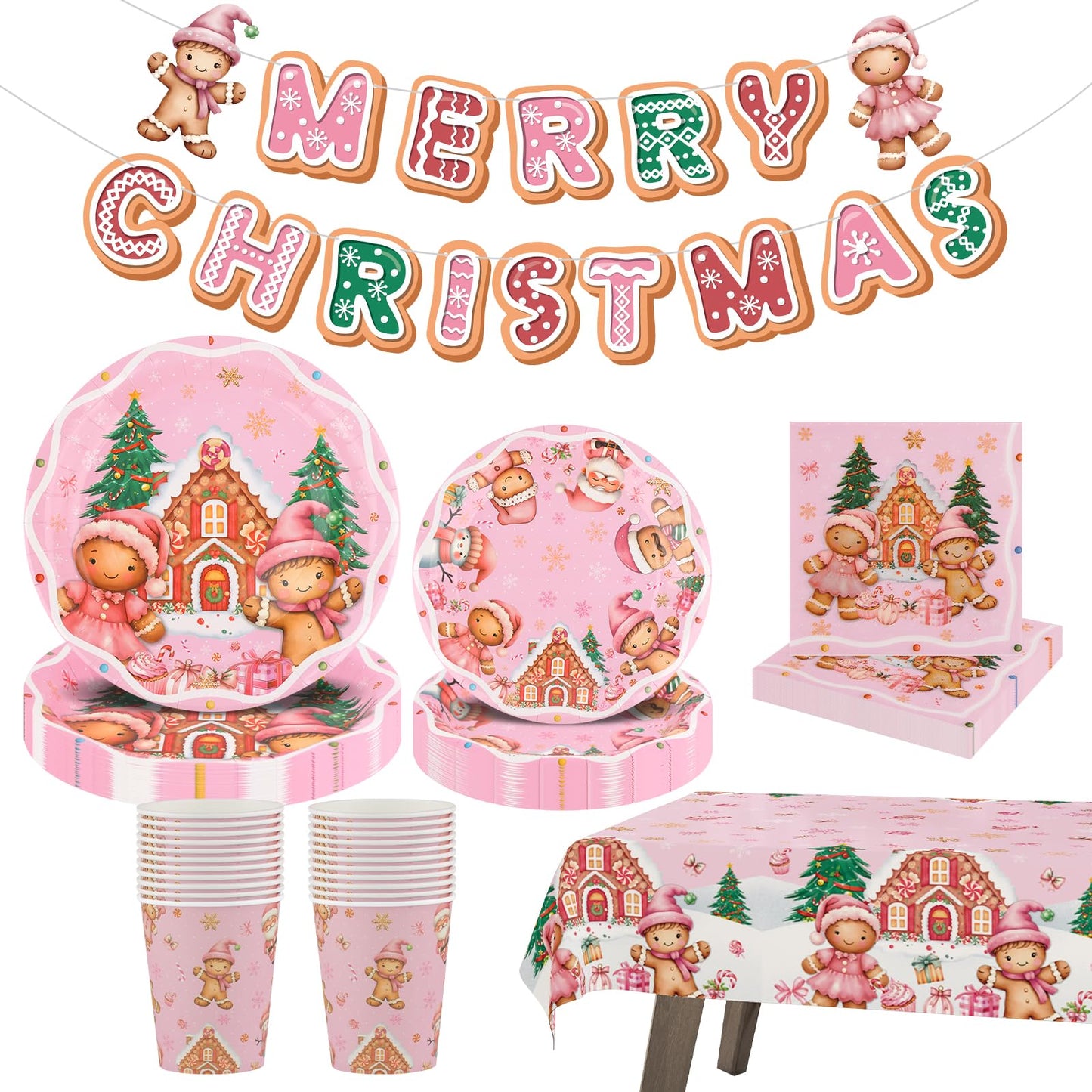 Arosche Christmas Gingerbread Party Decorations Set for 24-Disposable Paper Plates and Napkins, Cups, Garland, Tablecloths, Merry Christmas Party Supplies for Xmas Winter Birthday Table Decor