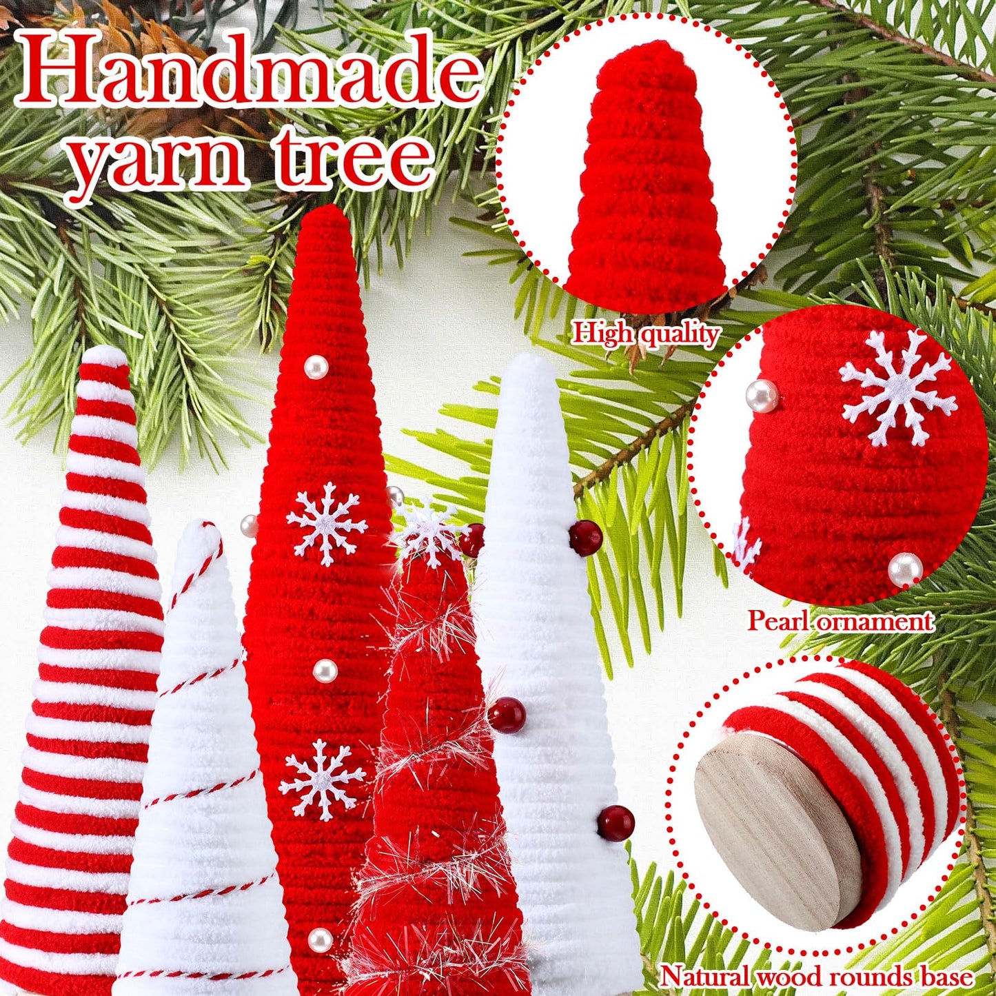 Realspring 5 Pcs Christmas Table Decorations Mini Artificial Wood Tree Xmas Decor Red White Tiered Tray Centerpieces Farmhouse Decor for Indoor Room Kitchen Home