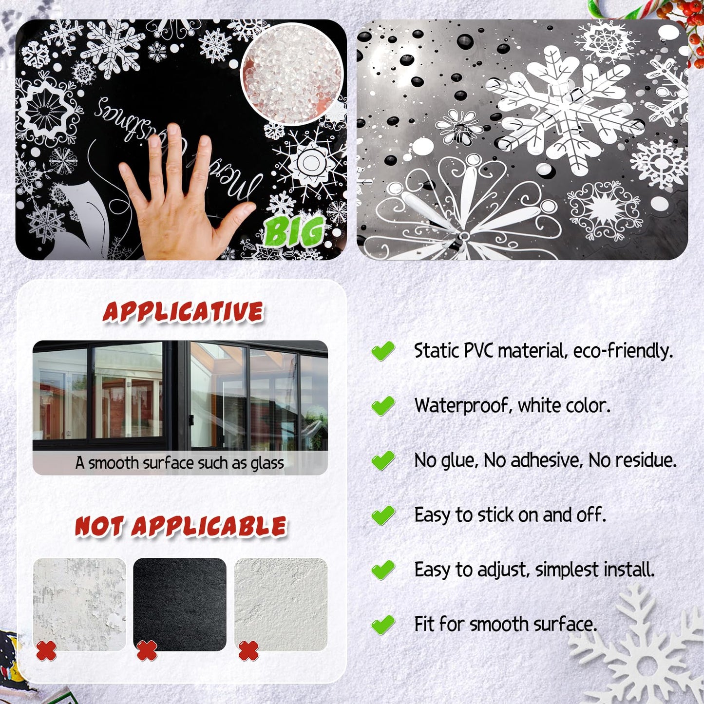 Super Huge Christmas Window Clings Static Snowflake Decorations, Reindeer Xmas Decor Winter Wonderland Decorations Window Stickers Decals for Indoor Holiday Party Decoration (4 Sheets)