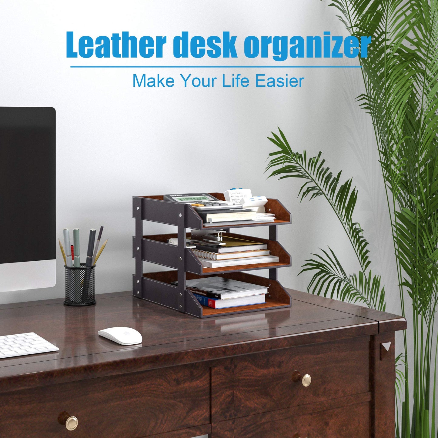 Leather Desk Organizer, Thipoten 3-Tier Stackable Letter Tray Holder for Office Supplies, Paper, File, Magazine, Perfect Office Organization for Desktop (Brown-3Tiers)