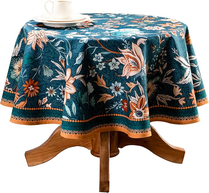 Maison d' Hermine Table Cloth Round Table 100% Cotton 63 Inches Fall Tablecloth Reusable Everyday Use for Thanksgiving Christmas Decorations Dining Farmhouse Party (Luxury Loft - Dark Teal)