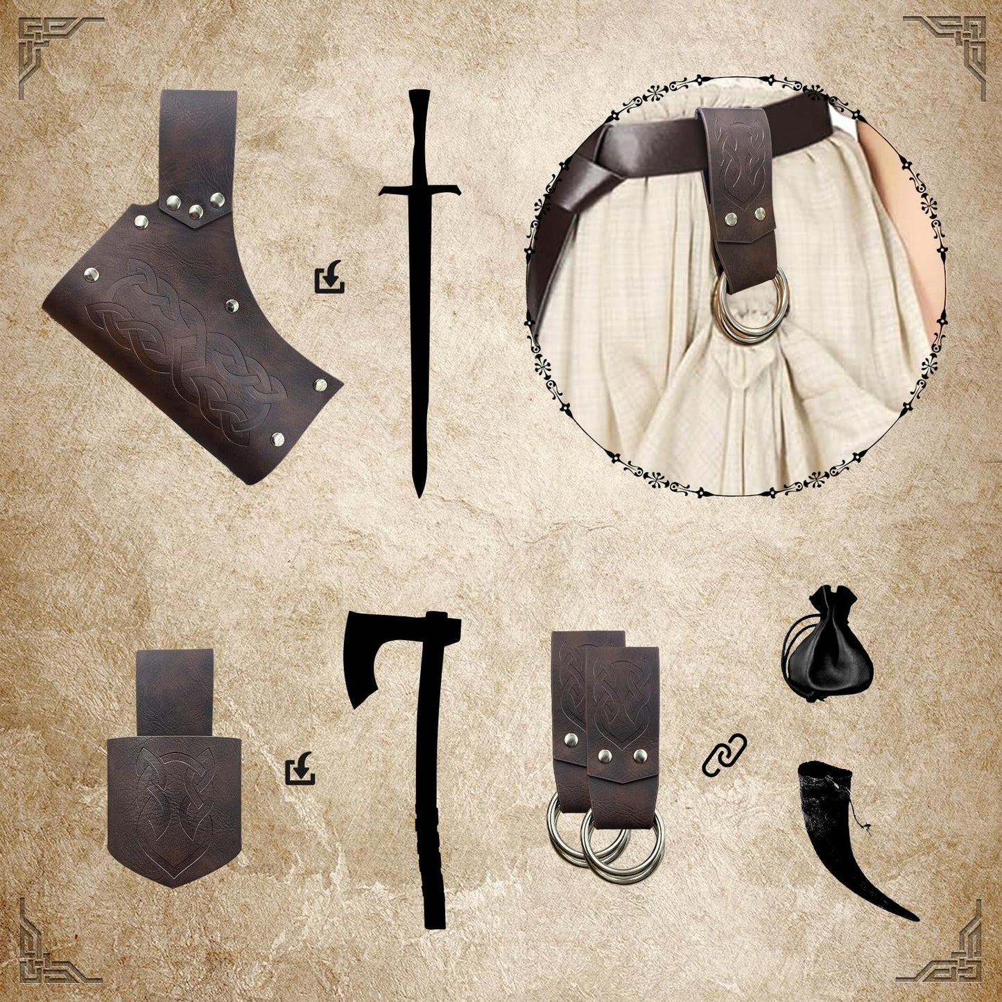 EpicCos 6 PCs Renaissance Belt Costume Medieval Accessories Belt Pouch Skirt Hiking Sword Frog Viking Horn Holster (Brown A)