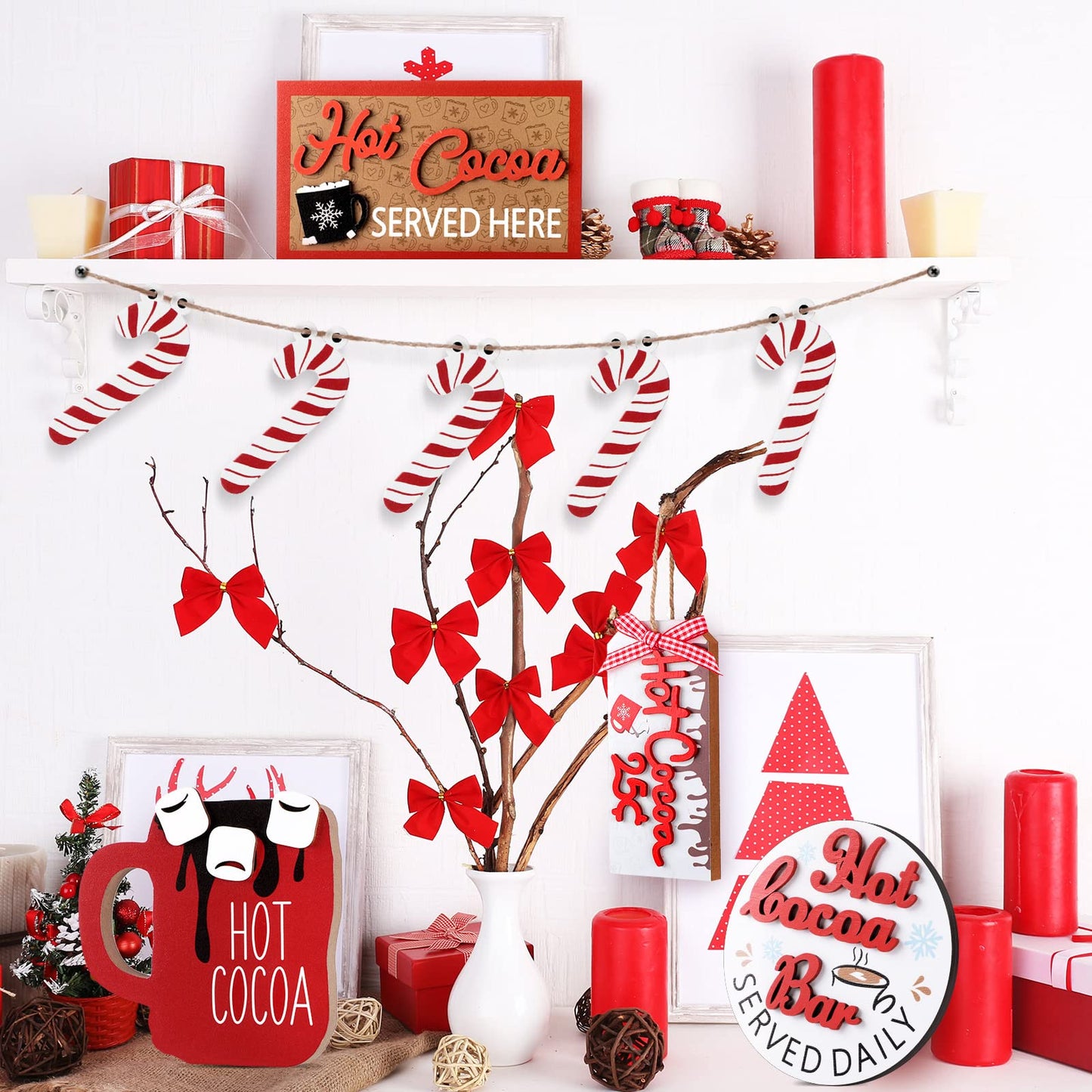 Yalikop 5 Pieces Christmas Hot Cocoa Wooden Signs Tiered Tray Decoration Hot Cocoa Decor Warm Winter Tabletop Wooden Block Sign Christmas Candy Canes Tiered Tray Decorations Holiday Table Centerpieces
