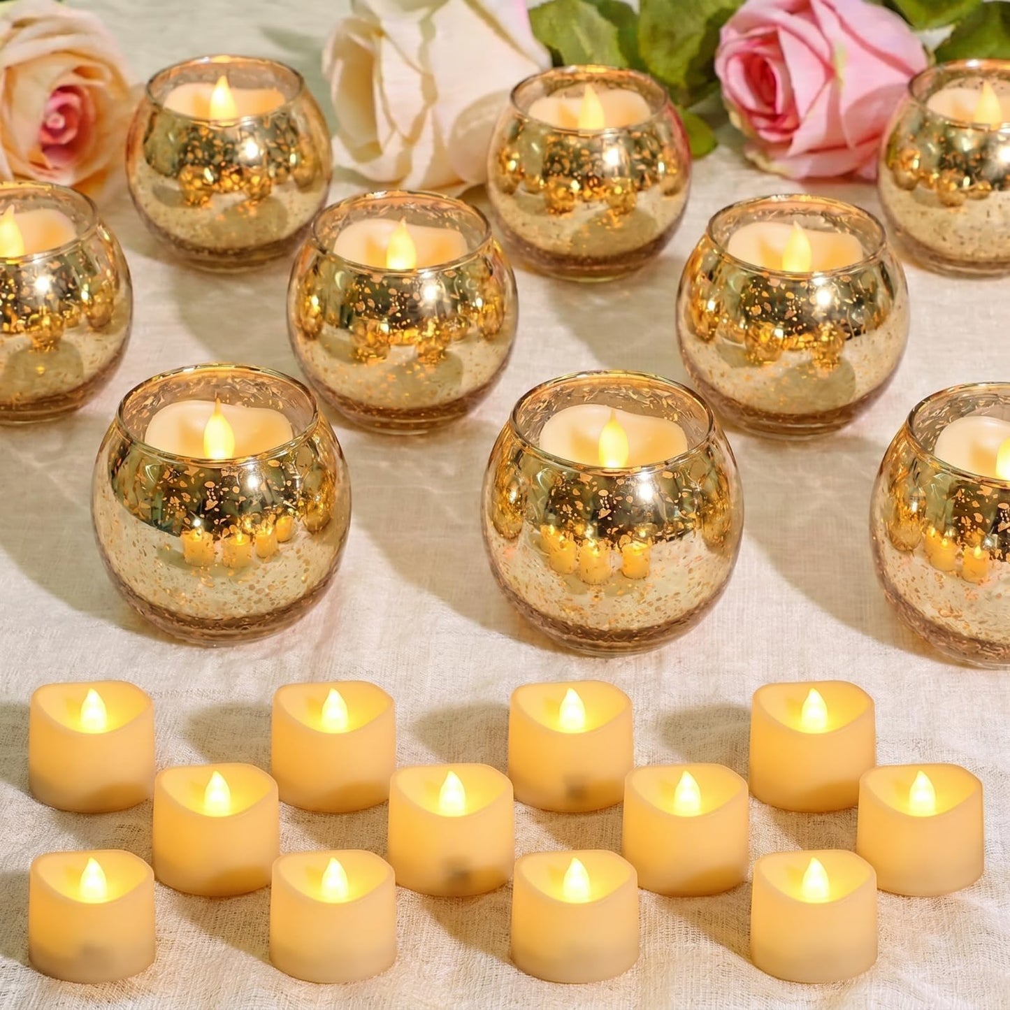 Rtteri 12 Set Votive Candle Holders Wedding Centerpiece Table Decorations Speckled Mercury Glass Votive Candle Holders with Tea Lights Birthday Party Decorations for Home (Gold)