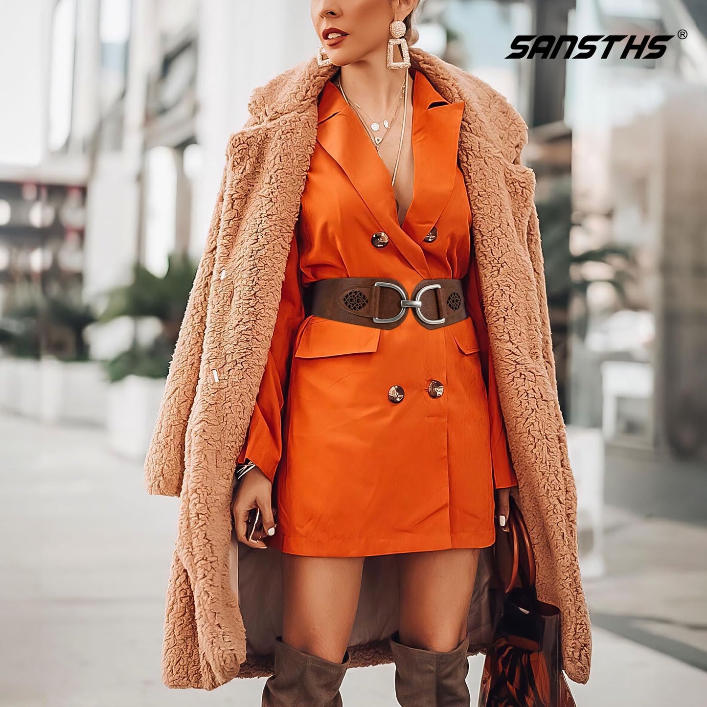 SANSTHS Vintage Women Stretchy Wide Belt Chunky Buckle Elastic Wide Waist Belts for Dresses Coats, Coffee M