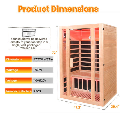 2 Person Infrared Sauna with Bluetooth, 1760W 120V Low EMF with Control Pane Home Indoor Dry Sauna Room for Gym & Spa, Canadian Hemlock