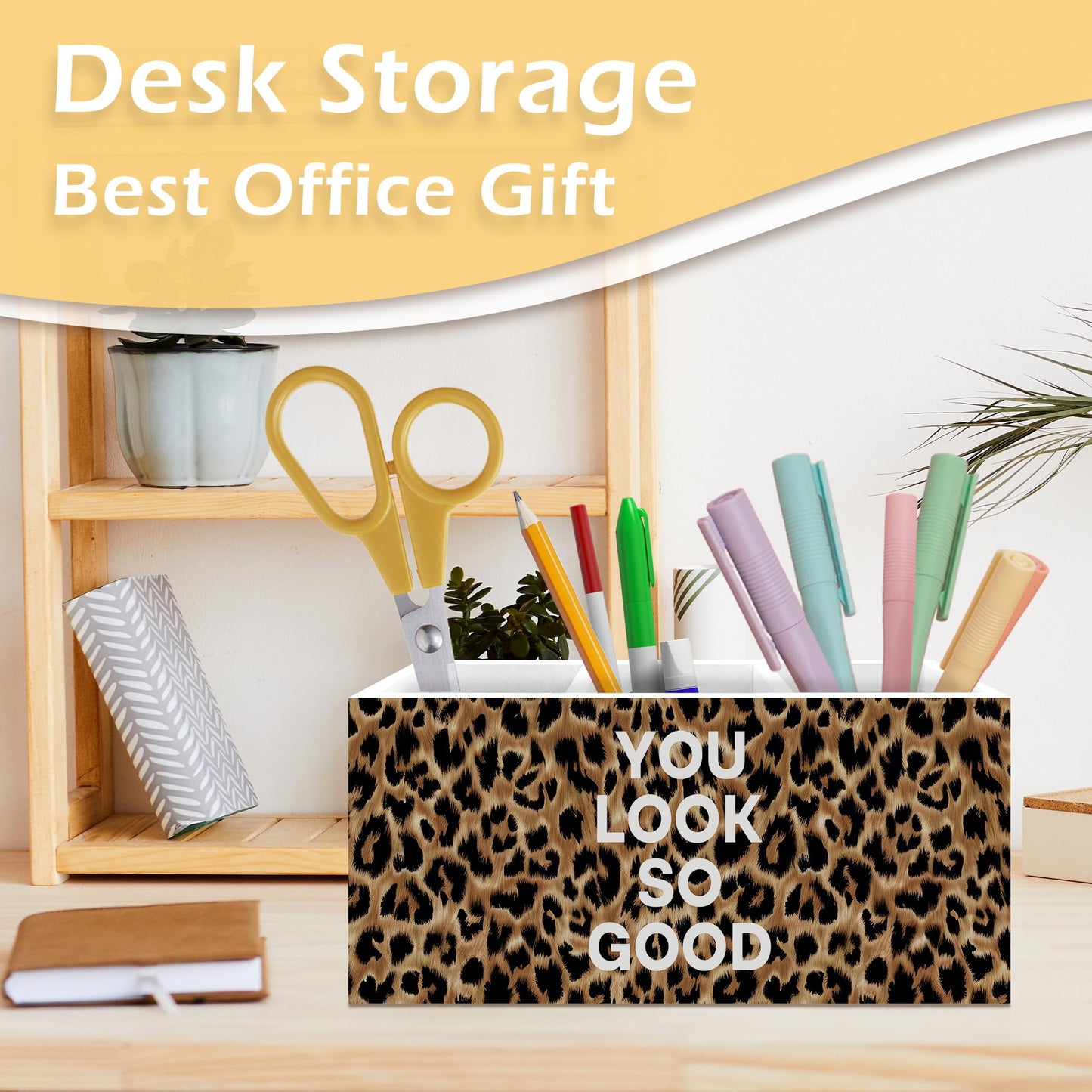 Foyoulame Inspirational Leopard Print Pen Pencil Holder, Cheetah Desk Accessories, Trendy Leopard Print You Look So Good Wooden Pen Pencil Organizer for Y2k Room Dorm Desk Decor