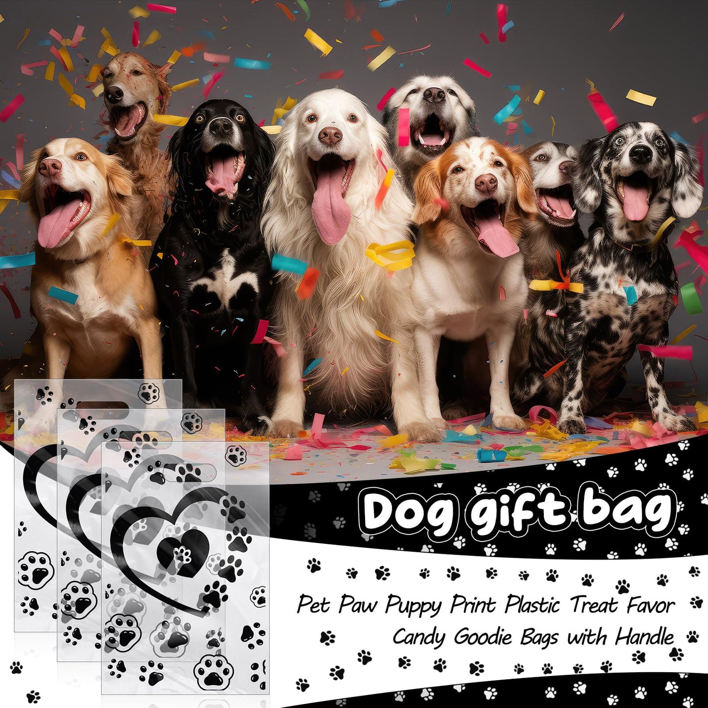 Sunnymove 400 Pcs Dog Paw Gift Bags Bulk 11.8x7.9 In Plastic Clear Puppy Treats Goodies Totes with Handle Merchandise Shopping Bag for Christmas Birthday Party Retail Business Wrapping