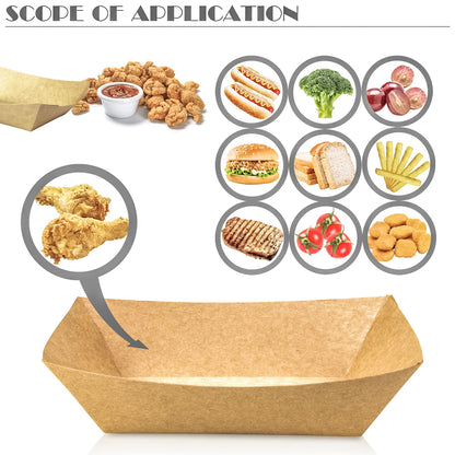 MotBach 100 Pack 2lb Kraft Paper Food Trays, Heavy-Duty Paper Food Boat Disposable Serving Basket Tray for French Fries Nachos Snack Hot Dog Taco BBQ Popcorn Party Picnic Wedding Party (Brown)