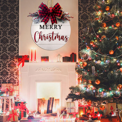 Merry Christmas Wreath Welcome Sign for Front Door, 11.8 inch Wooden Merry Christmas Sign for Holiday Rustic Farmhouse Front Door Porch Wall Window Outside Decorations (Merry Christmas-White)