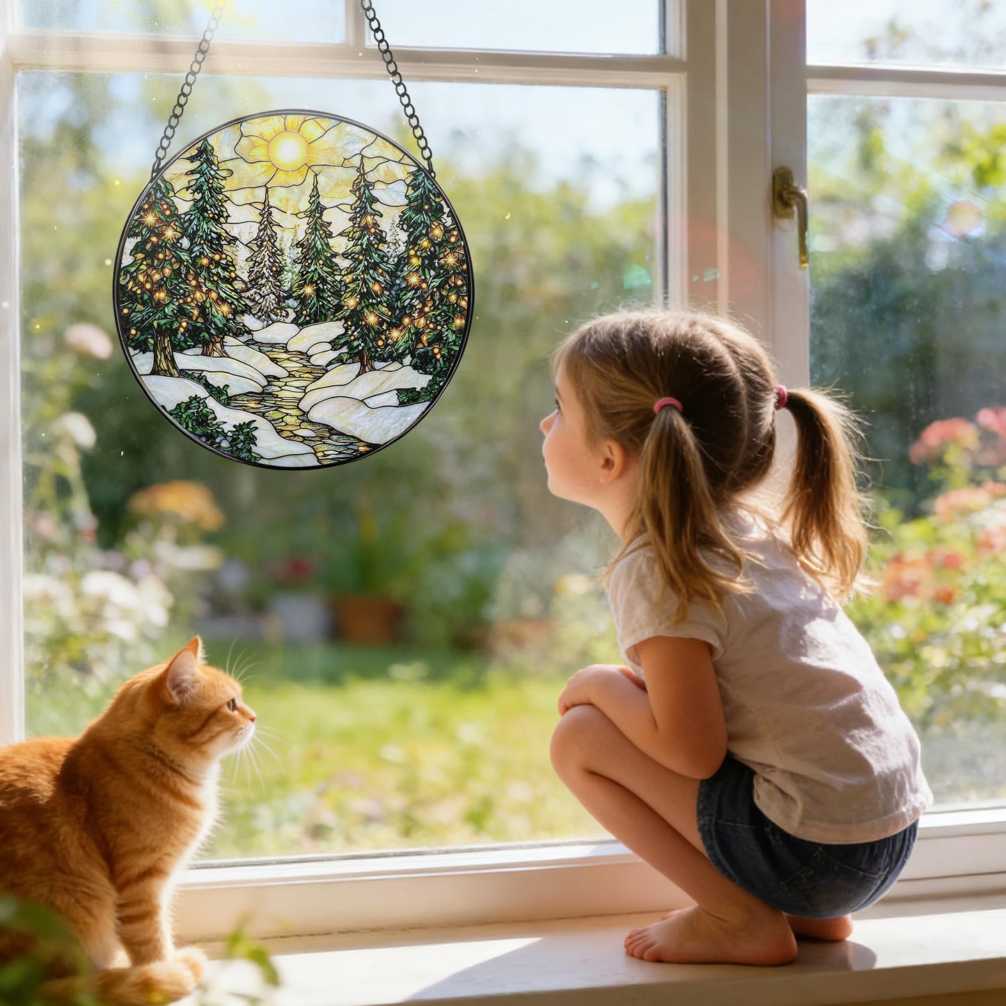 Stained Glass Window Hanging, 7.8 Inch Winter Forest Stained Glass Suncatcher, Window Hanging Decor, Christmas Landscape Ornament, Gifts for Women, Men & Nature Lovers, Gifts for Christmas & Holiday