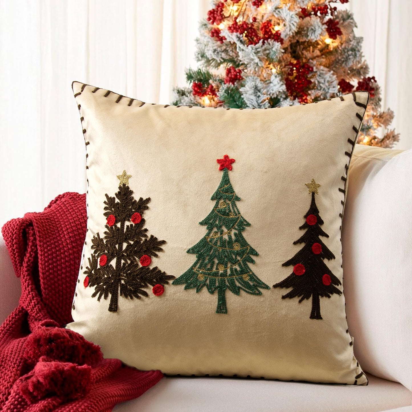LOOPUINHOM Christmas Tree Pillow Covers 18x18 Inch Gold Embroidered Tree Throw Pillows for Holiday Decorations - Cushions for Couch, Sofa, Bed, Living Room, Bedroom