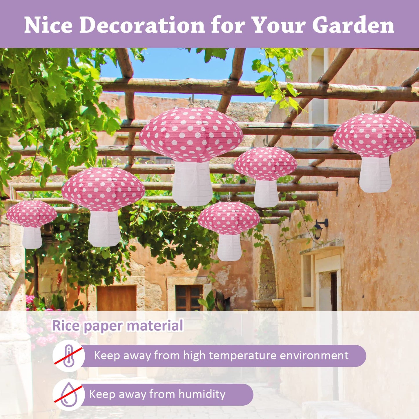 4Pcs Mushroom Shaped Paper Lanterns - Large Mushroom Shaped Paper Lanterns For Nursery, Garden, Christmas Party Decoration - 8 inch, 12 inch (Pink)