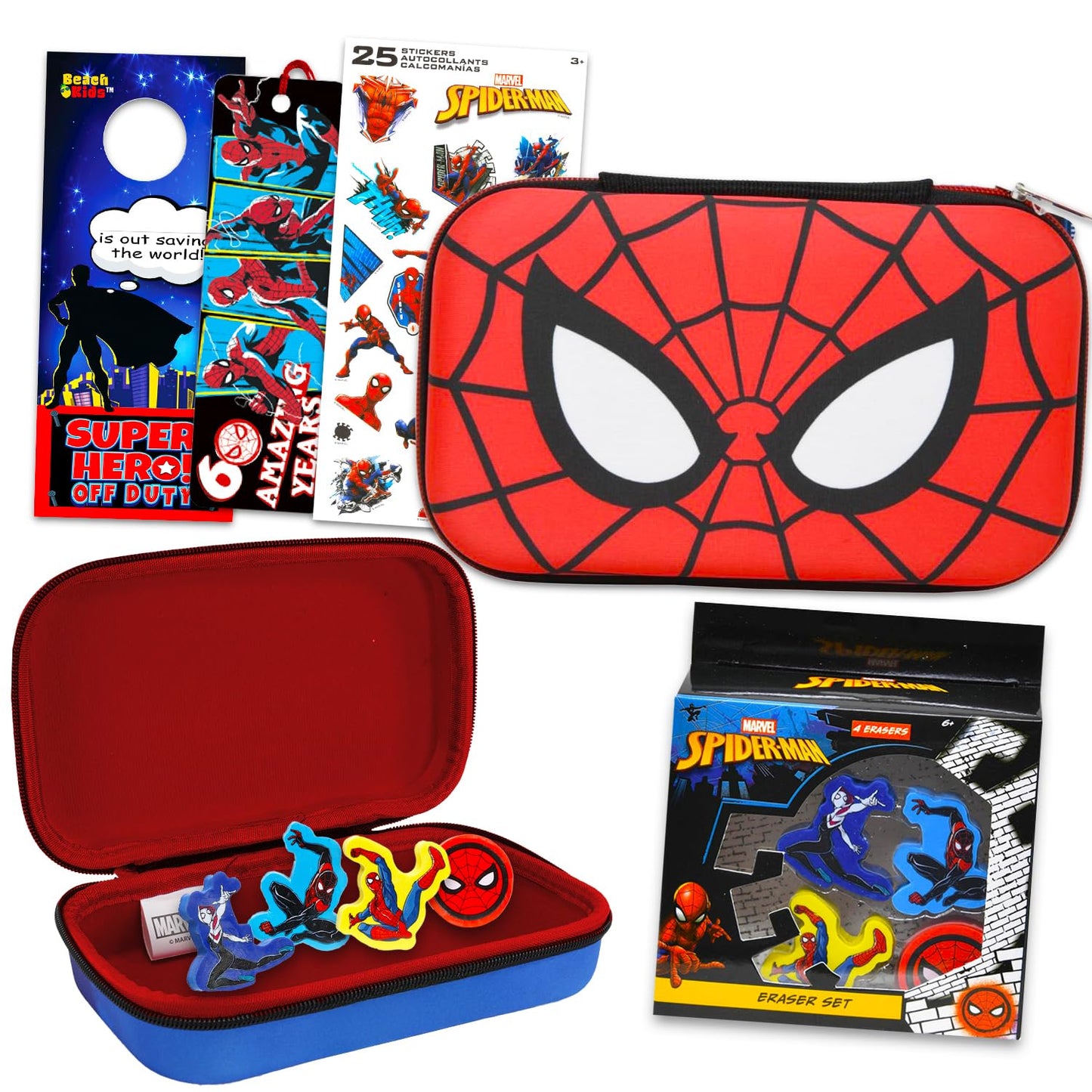Spider-Man Spiderman Pencil Case for Kids - Marvel Stationery Bundle Pencil Case, Erasers, Stickers, Bookmark, More | Spiderman School Supplies for Boys 4-6