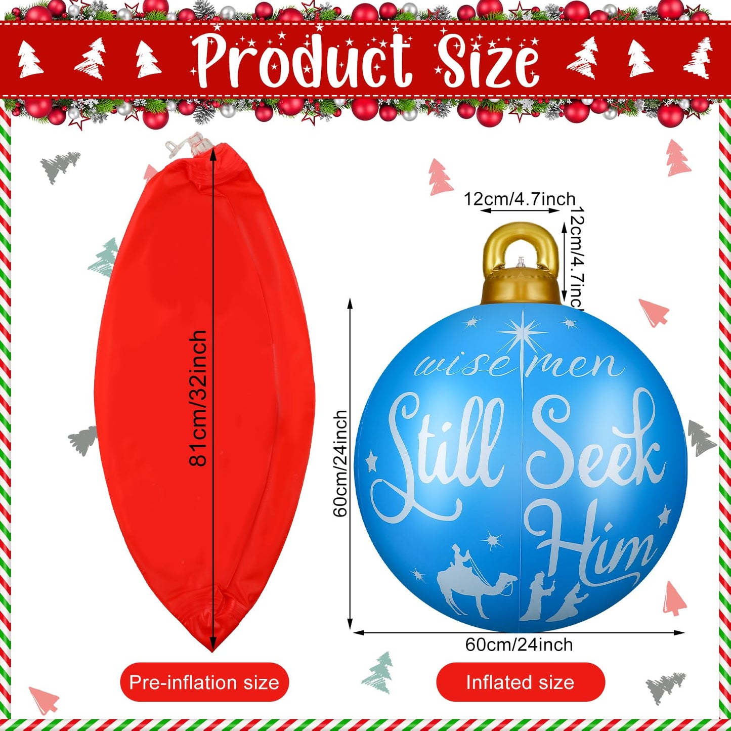 Jetec 3 Pcs 32 Inch Giant PVC Inflatable Christmas Ball Inflatable Decorated Ball Large Xmas Inflatables Ornaments Decorations for Xmas Holiday Outdoor Blow up Yard(Red, Green, Blue,Nativity Scene)