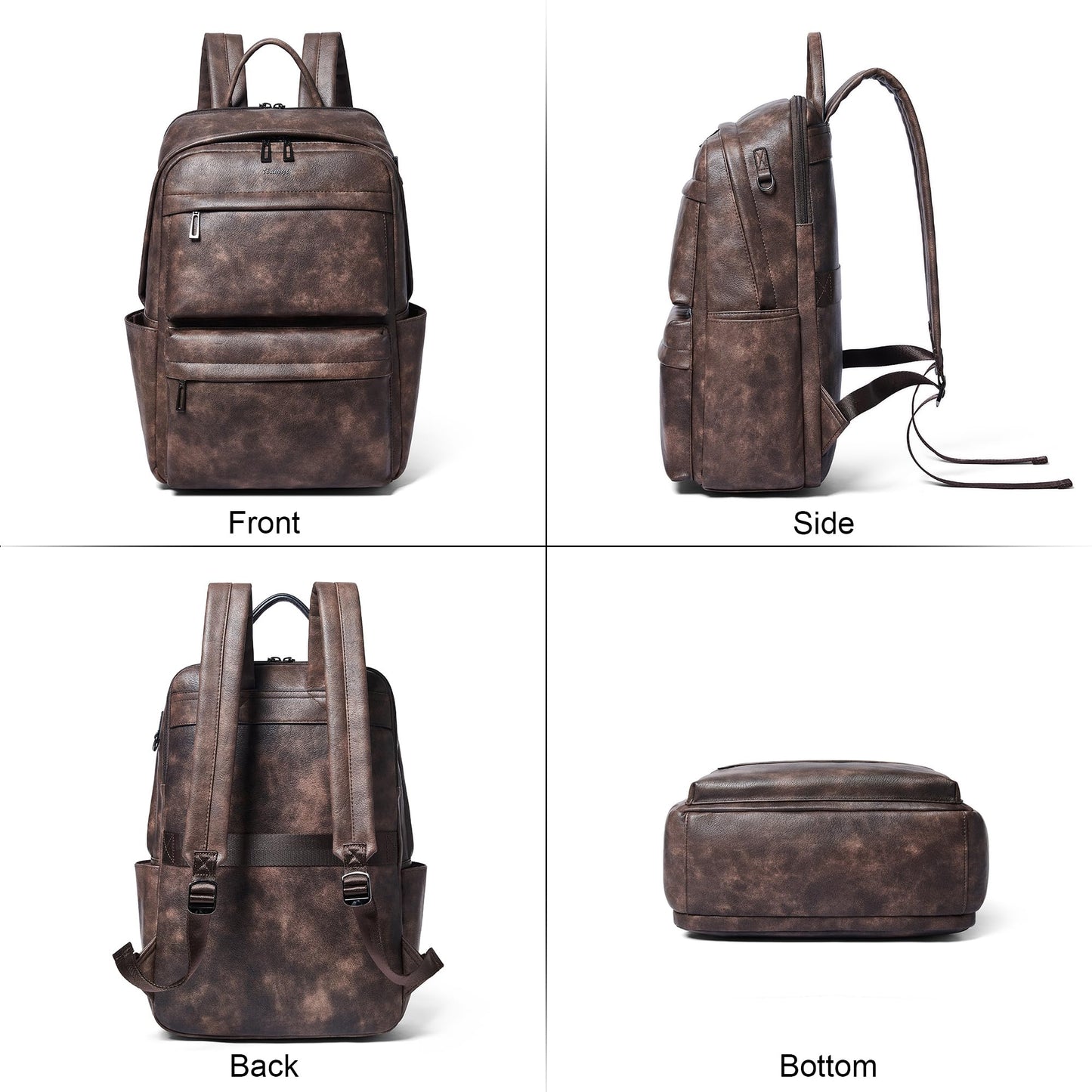 tiamyi Vegan Leather Backpack for Women and Men, Fits 16.0 Inch Laptop, Multi-Pocket Design with Water Bottle and Luggage Strap, Ideal for Work, Travel, and Daily Use, Coffee
