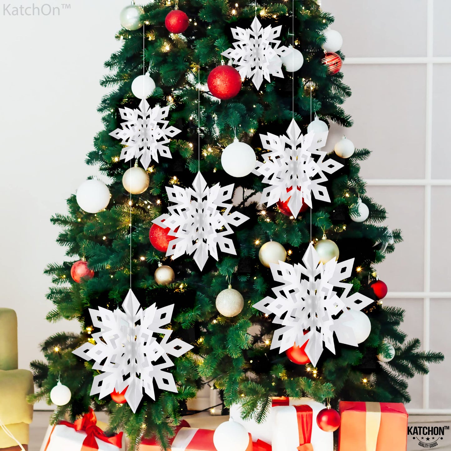 KatchOn, 3D White Hanging Snowflakes from Ceiling - Pack of 6 | Christmas Hanging Snowflake Decorations | Snowflake Garland | Paper Christmas Decor Indoor | Snowflakes for Winter Decorations