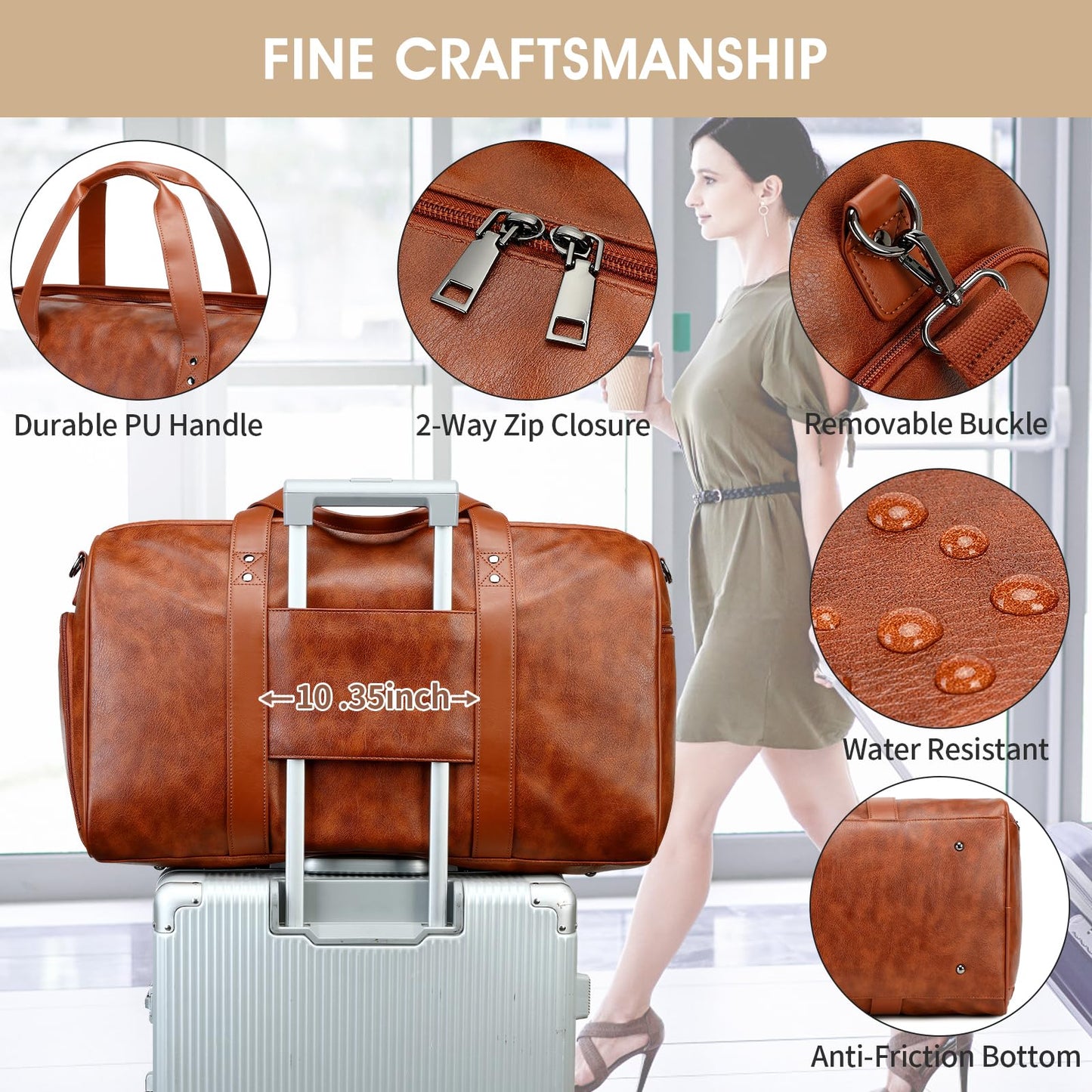 Wogarl 3PCS Faux Leather Weekender Bag for Women Men Large Overnight Travel Duffel Bags with Shoe Compartment Toiletry Packing Cube Carry On Duffle Fit 21" Laptop(Dark Brown)