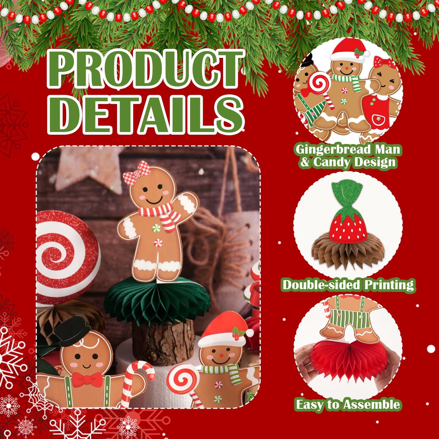 Gingerbread Christmas Party Table Decorations Centerpieces,10pcs Paper Gingerbread Man House Lollipops Candy Canes Honeycombs for Xmas Winter Holiday Birthday Party Decor Supplies