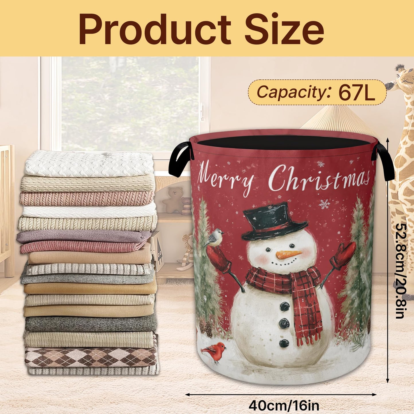 Snowman Bird Collapsible Laundry Basket,Merry Christmas Waterproof Oxford Cloth Hamper with Handles,Portable Storage Organizer for Laundry Room Bedroom