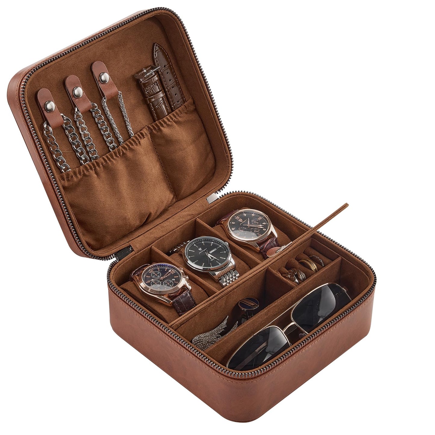 ProCase Travel Watch Case, 3 Slots PU Leather Mens Jewelry Box, Portable Watches Cufflinks Accessories Storage Case, Zippered Carrying Organizer Bag for Man -Lightbrown