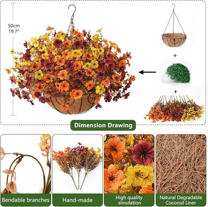 Artificial Fake Hanging Baskets Fall Flowers for Outdoors Decoration, Faux Silk Mums Plants UV Resistant Look Real Outside Yard Patio Front Porch Garden Balcony Home Autumn Decor (Orange Yellow Brown)