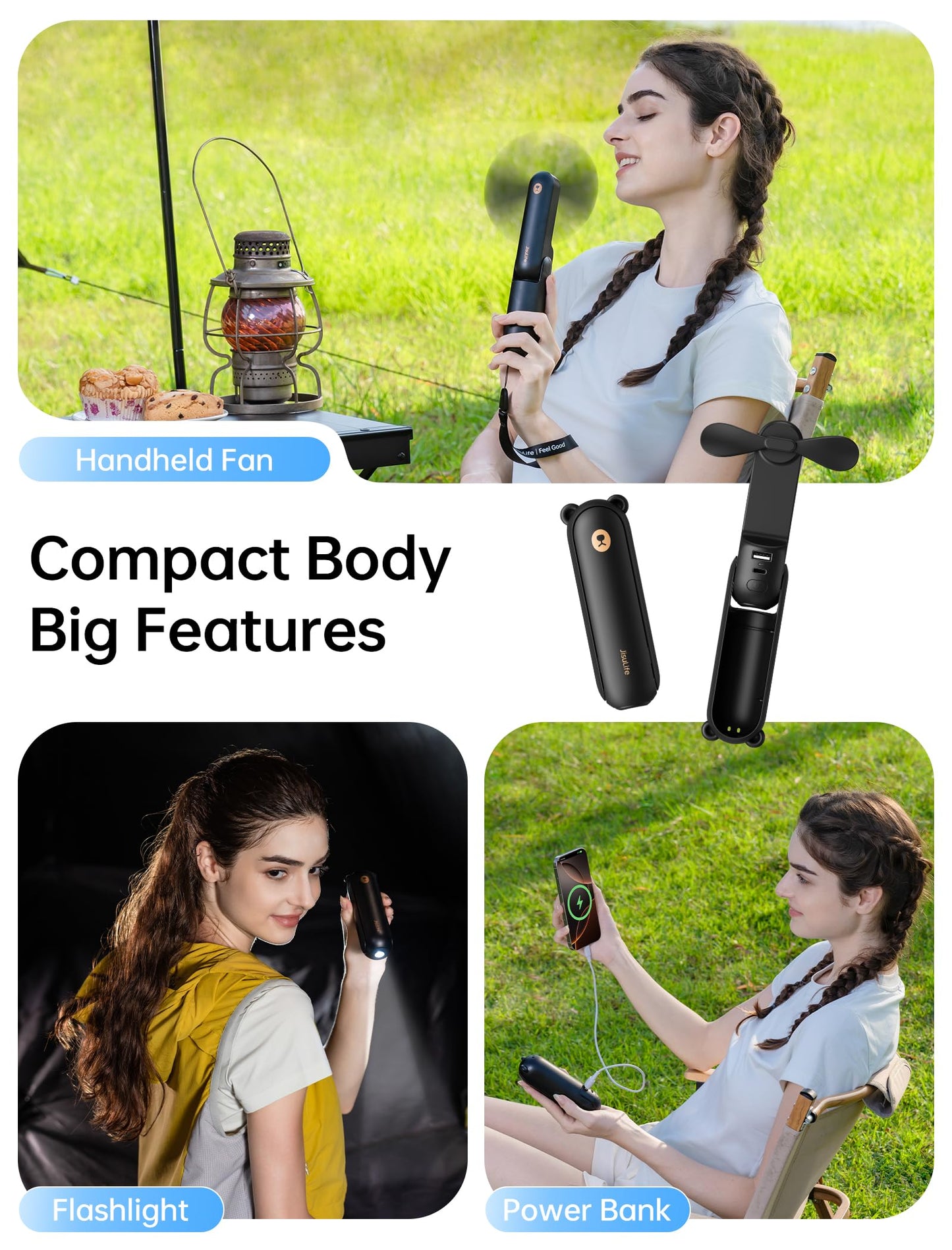 JISULIFE Handheld Fan with 4500 mAh Powerbank Max 37 Hours Runtime, Pocket Portable Battery Operated or USB Powered Folding Personal Fan, 3 Speeds, Gifts for Women Men Kids Gift for Festival(Black)
