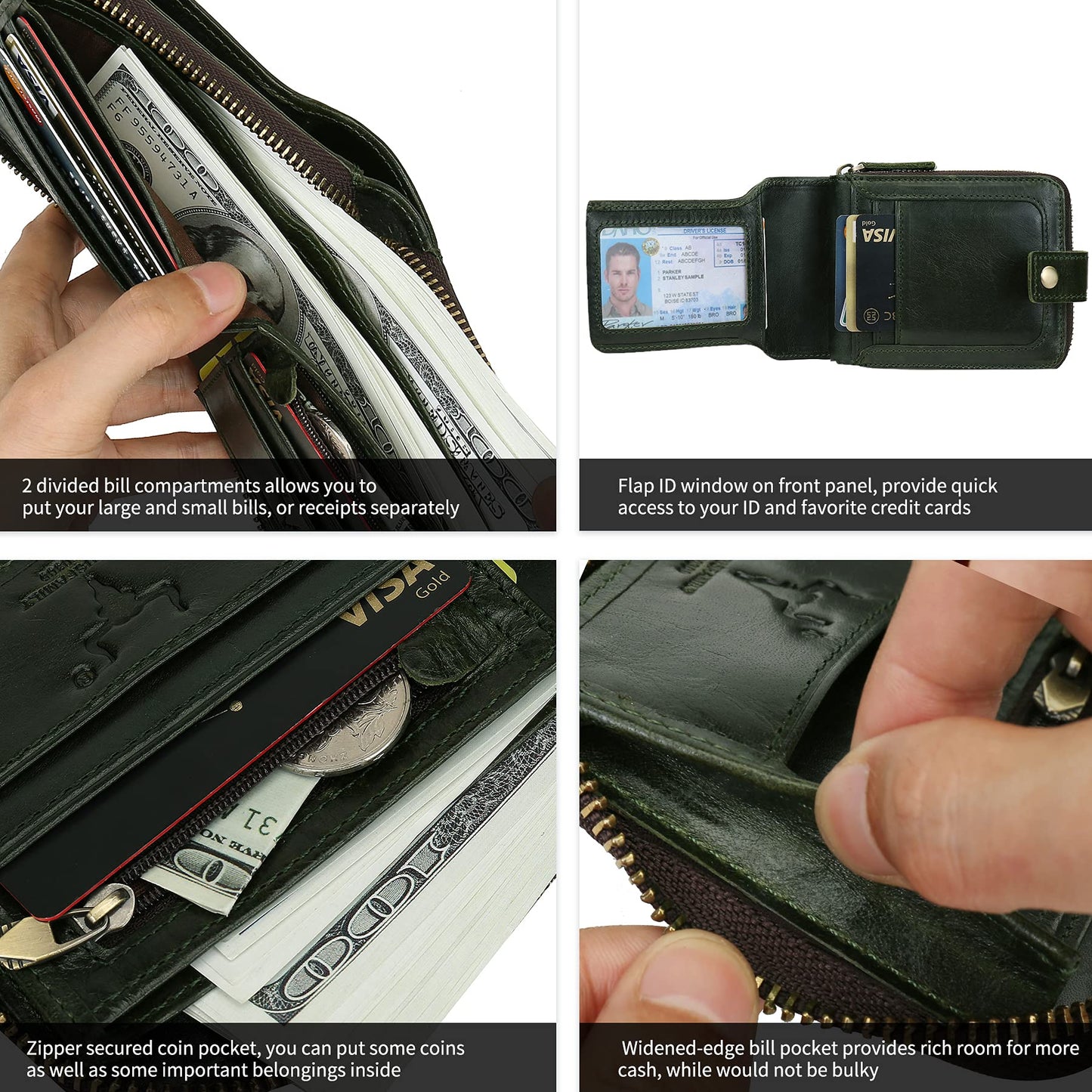 MING CLAN Leather RFID Blocking Bifold Wallet For Men With Zipper, Flap ID Window Zip Coin Pocket, Big Capacity Credit Card Holder For Travel