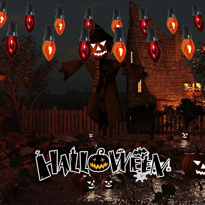 Halloween Orange Purple Lights Outdoor, 25FT C7 Halloween Flickering Flame String Lights with 27 Flame Bulbs, Hanging Patio Lights Waterproof Connectable for Patio Garden Yard Roofline Party Decor