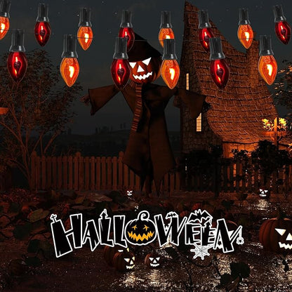 Halloween Orange Purple Lights Outdoor, 25FT C7 Halloween Flickering Flame String Lights with 27 Flame Bulbs, Hanging Patio Lights Waterproof Connectable for Patio Garden Yard Roofline Party Decor