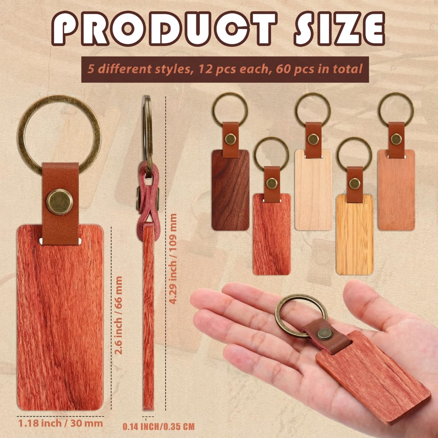Batiyeer 30 Pcs Wooden Keychain Blanks 5 Colors Rectangle Wood Key Chain with Leather Strap Unfinished Gifts for Father