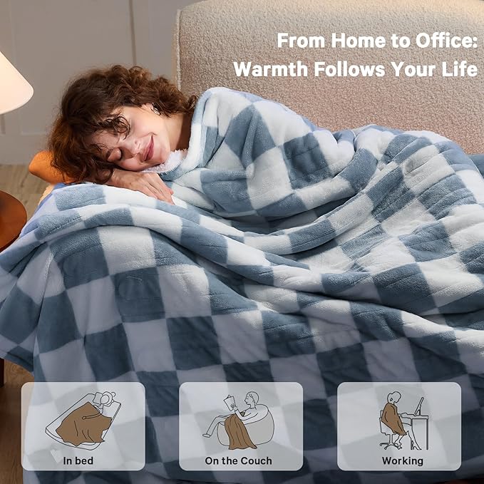 Heated Electric Blanketc Throw, 50X60 Heating Blanket with 10 Heat Levels & 8 Hours Auto Off for Lap, Misty Blue Checkered Plaid Soft Sherpa Blankets Warmer Gifts for Couch Grandma Women Adults